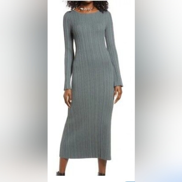 Open Edit  Ribbed Long Sleeve Open Back Crew Neck Dress - Picture 3 of 4